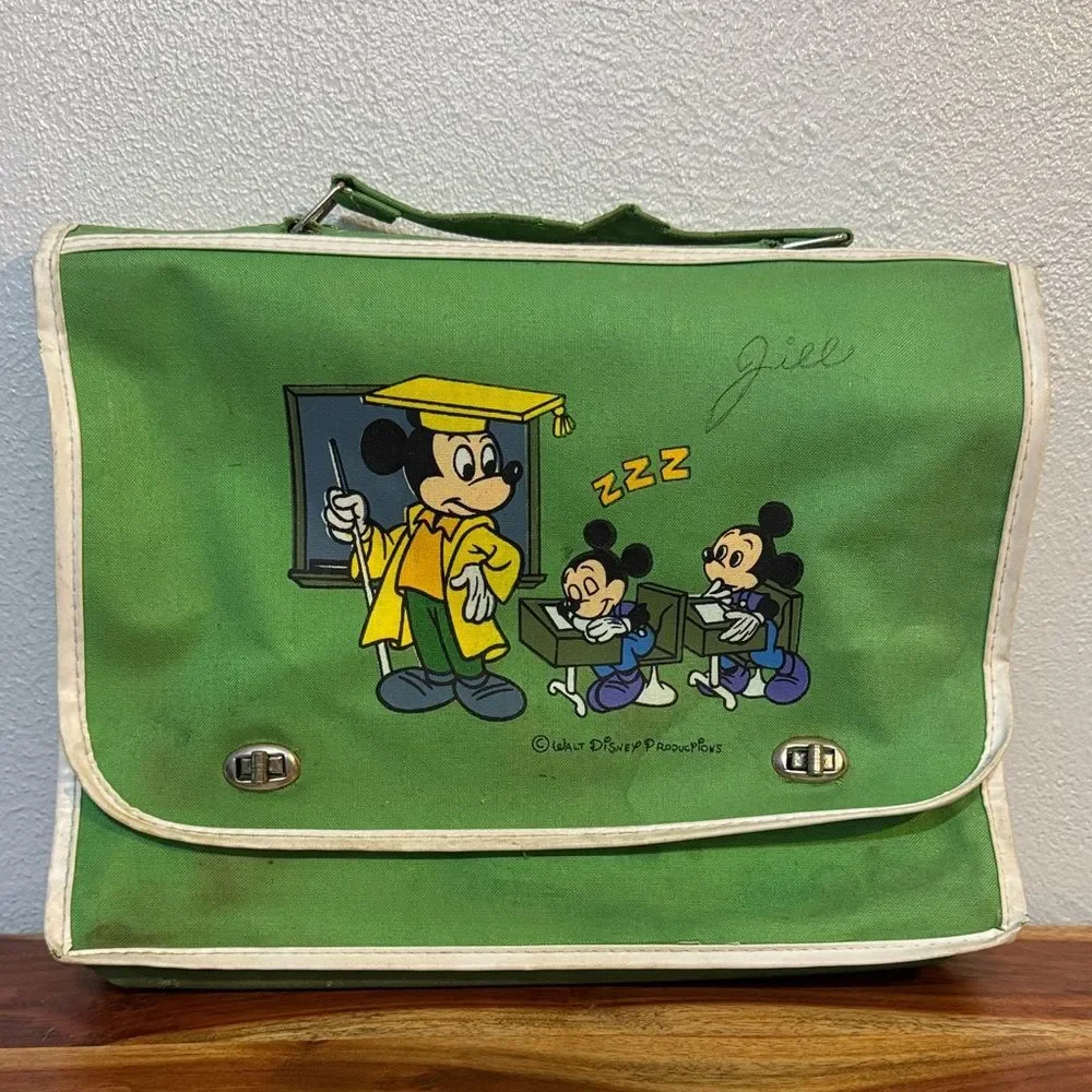 Vintage Walt Disney Productions Green Mickey Mouse School Satchel Bag